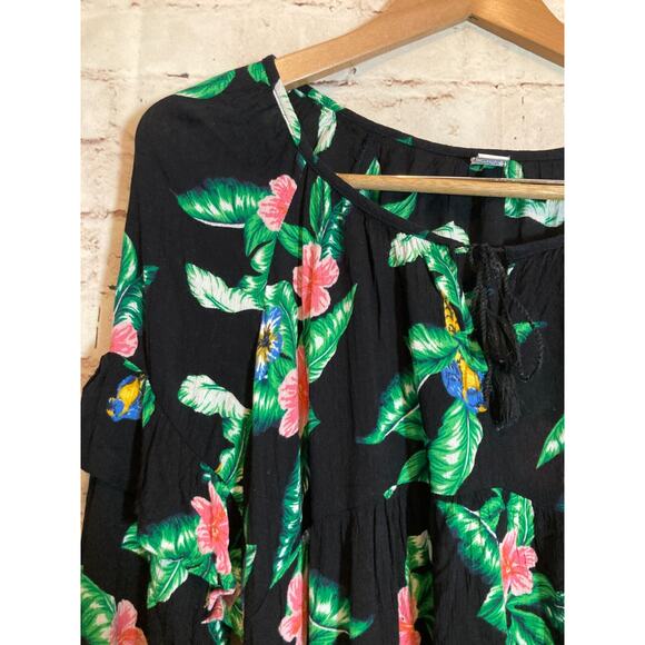 Old Navy Babydoll Top Womens XL Black Tropical Floral Balloon Sleeve Ruffle - Picture 4 of 14
